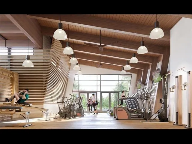Exercise room with wooden ceiling