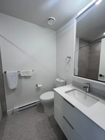 Full bathroom featuring baseboard heating, vanity, and a shower