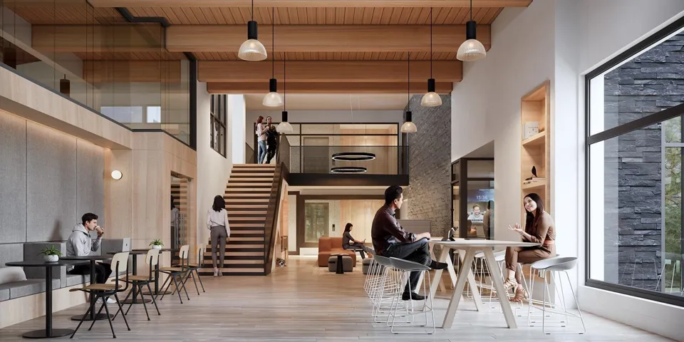 Common area with a towering ceiling, a wooden ceiling with exposed beams, and stairs