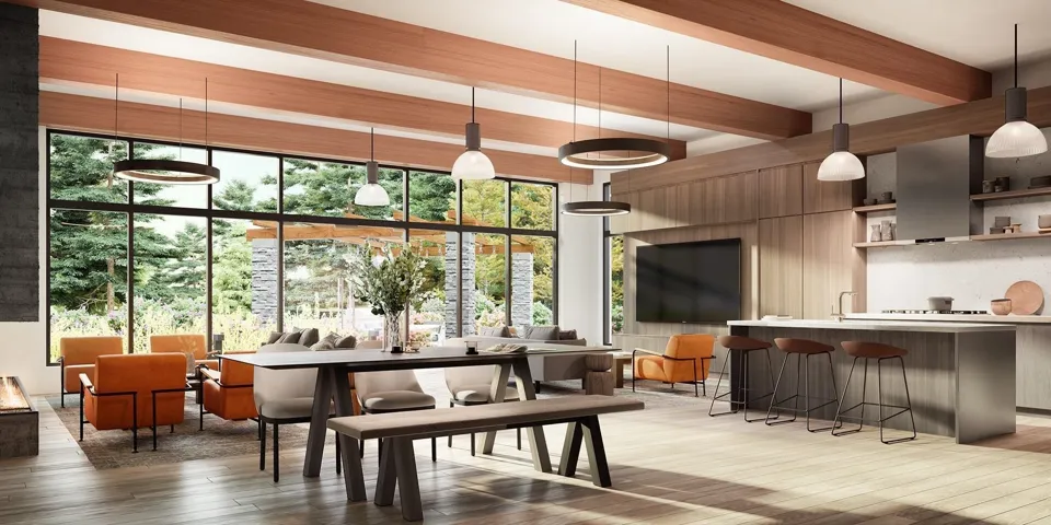 Dining room featuring expansive windows, light wood finished floors, and beam ceiling