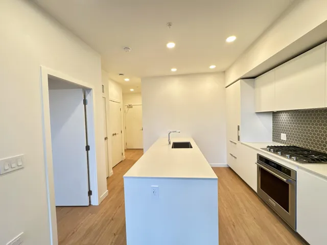 Kitchen featuring modern cabinets, white cabinets, stainless steel appliances, light wood finished floors, and recessed lighting