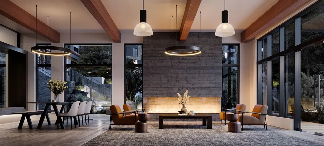 Community lobby with beamed ceiling
