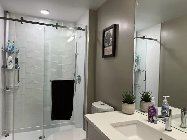 Modern bathroom featuring a glass-enclosed shower with textured wall panels, a single vanity with an integrated sink, a full-height wall mirror, and a contemporary toilet