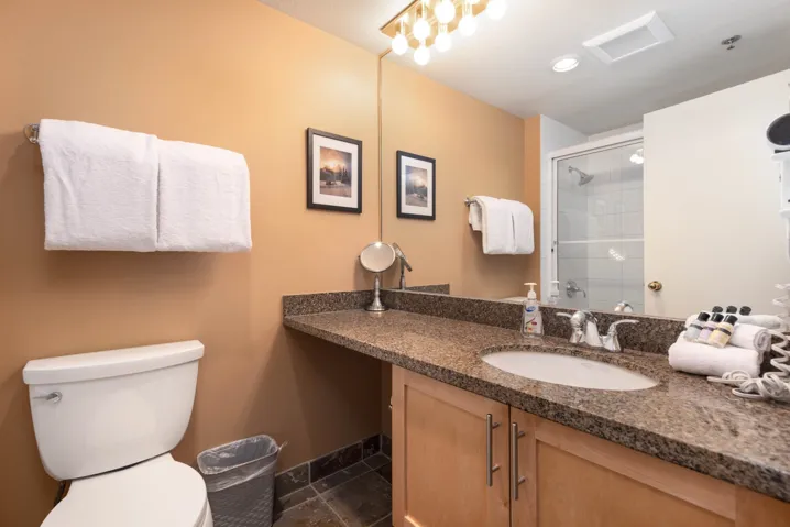 Full bathroom featuring vanity, toilet, a shower with shower door, stone finish floors, and baseboards