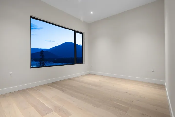 Unfurnished room with a mountain view and light wood-style floors