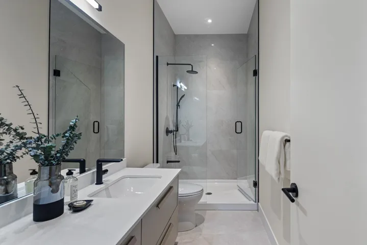 Full bath featuring vanity and a shower stall