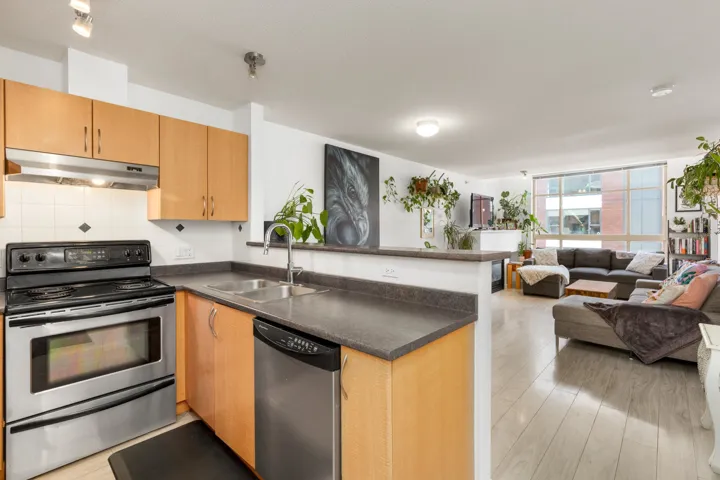 Kitchen with stainless steel appliances, open floor plan, a peninsula, and dark countertops