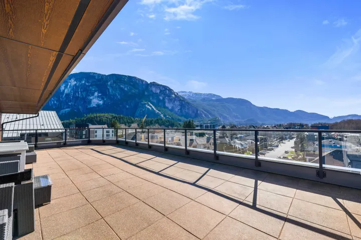 View of patio featuring a mountain view