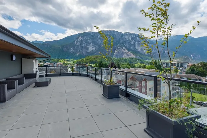 View of patio featuring a mountain view