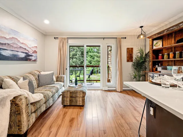 Living area featuring ornamental molding, light wood-style flooring, and a baseboard radiator