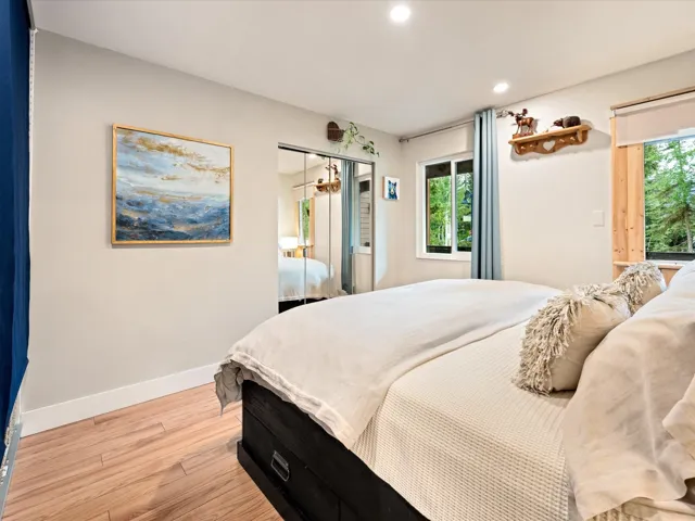Bedroom with light wood finished floors and recessed lighting