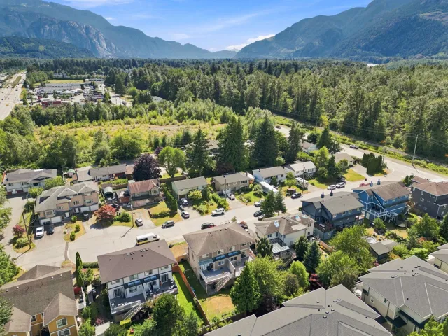 Aerial perspective showcasing a residential neighborhood with surrounding natural landscapes