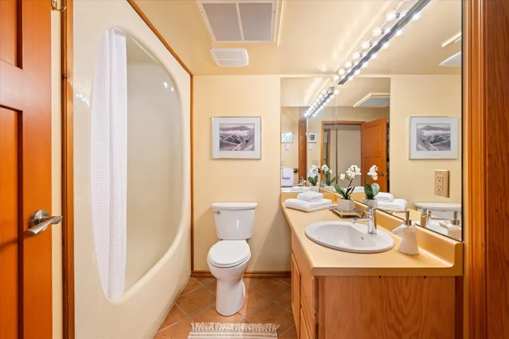 Bathroom featuring vanity, shower / bathtub combination with curtain, and light tile patterned floors