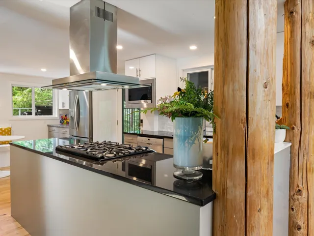 Kitchen featuring island exhaust hood, white cabinetry, appliances with stainless steel finishes, modern cabinets, and recessed lighting