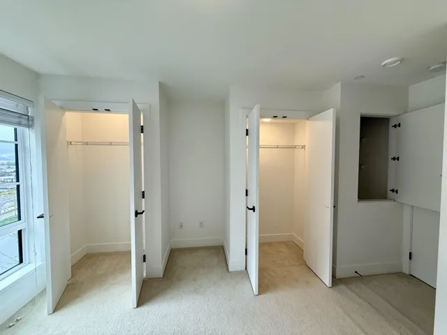 Unfurnished bedroom with a closet, light colored carpet, and a walk in closet