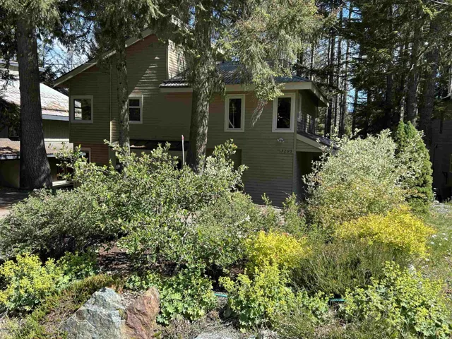 Multi-level property featuring a muted green exterior with horizontal siding and integrated window trim