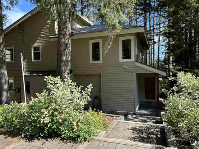 Exterior featuring horizontal siding, multiple windows with white trim, a covered entryway, and mature trees surrounding the property