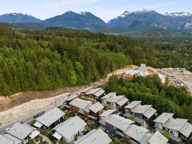 Aerial perspective of suburban area with a mountain backdrop