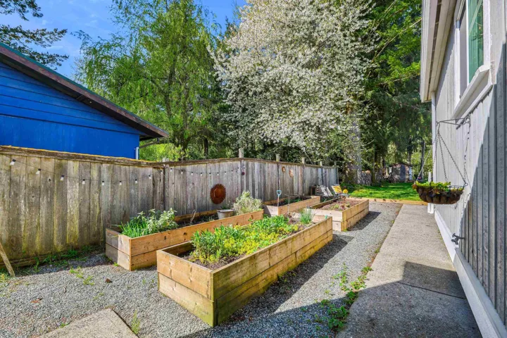 Side yard with multiple raised garden beds, a gravel pathway, and privacy fencing
