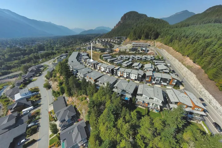 Aerial view of residential area featuring mountains and a forest