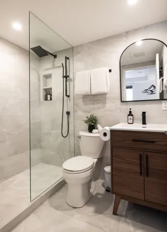 Full bathroom with vanity, visible vents, walk in shower, tile walls, and toilet
