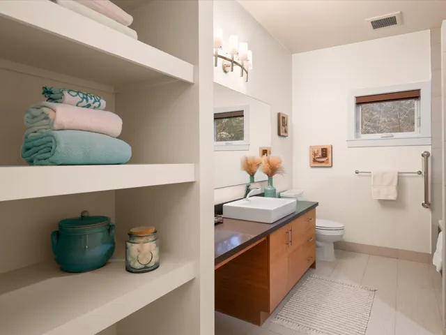 Bathroom with visible vents, toilet, and vanity