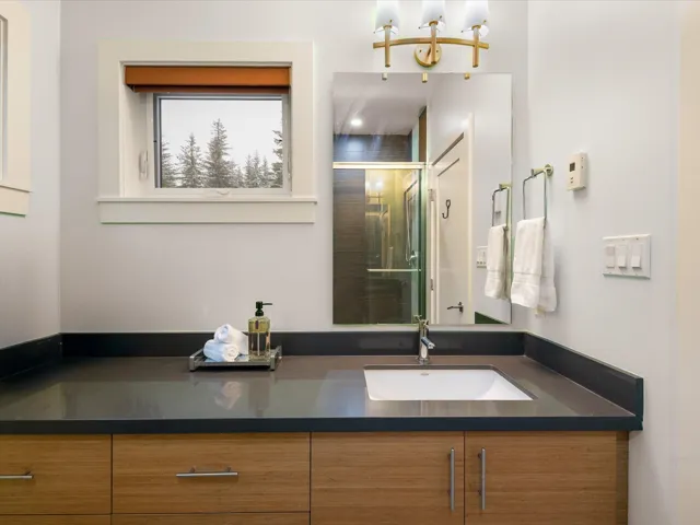 Full bathroom with vanity and a stall shower