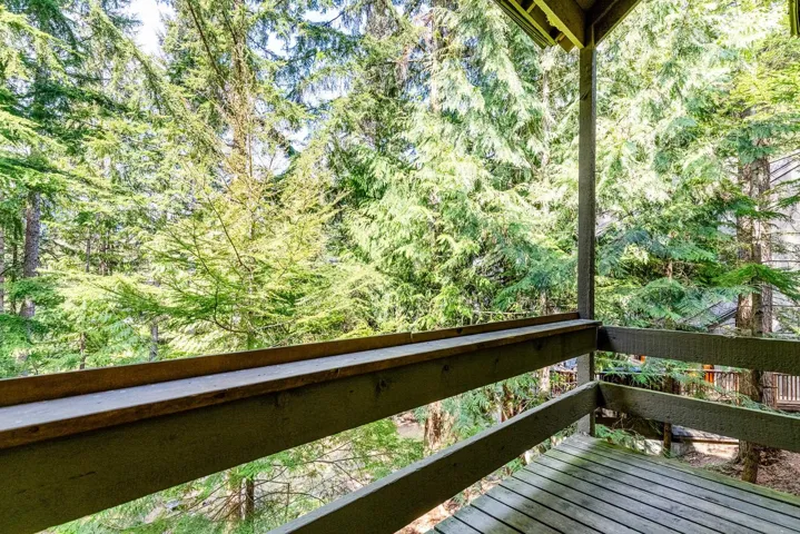 Outdoor deck with wood-finish flooring and railing surrounded by mature trees