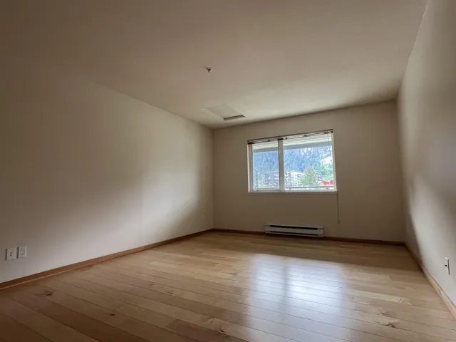 Spare room with baseboard heating, light wood finished floors, fire sprinkler in ceiling, and baseboards