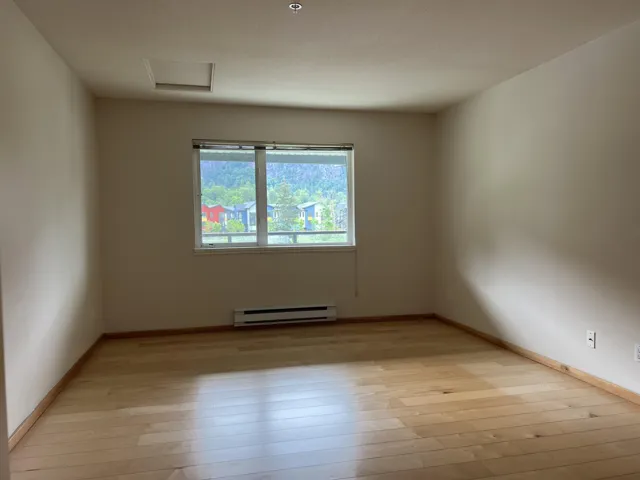 Spare room with baseboard heating, light wood-type flooring, baseboards, and attic access