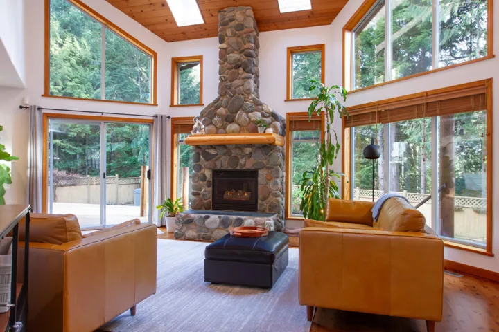 Living area featuring a healthy amount of sunlight, a skylight, and a fireplace