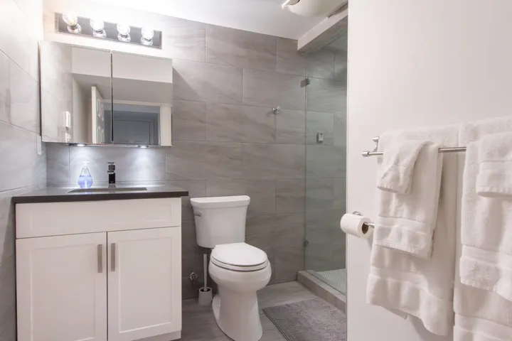 Full bath with vanity, tile walls, toilet, and walk in shower