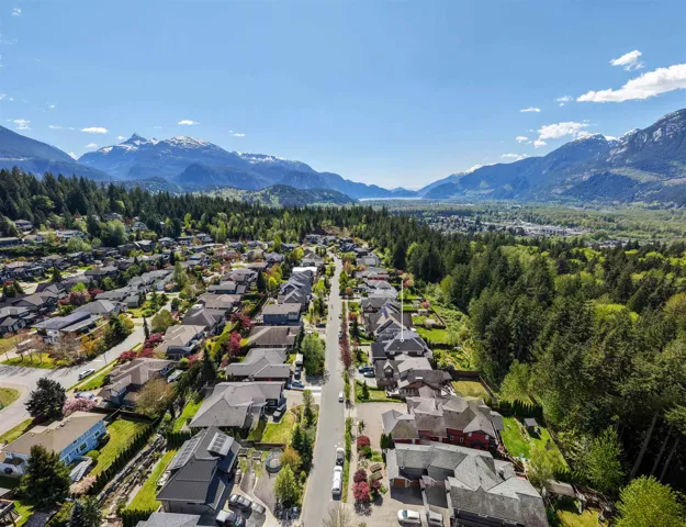 Aerial perspective showcasing a residential neighborhood with surrounding natural landscapes