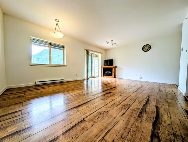 Spacious room featuring wide plank wood-finish flooring, a wall-mounted heater, a window with horizontal blinds, a ceiling-mounted light fixture, and a sliding glass door