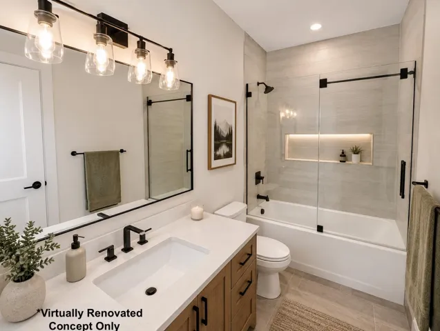 Virtually Renovated - Bathroom featuring a wood-finish vanity with a white countertop and rectangular undermount sink