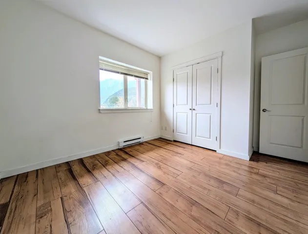 Spacious room featuring wood-finish flooring, a window offering mountain scenery, white baseboards, and a built-in closet with double doors