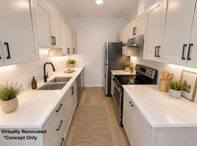 Virtually Renovated Galley kitchen featuring light-toned cabinetry with matte black hardware, stainless steel appliances, and light-toned countertops