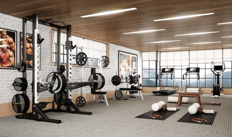 Exercise room featuring wood ceiling and brick wall