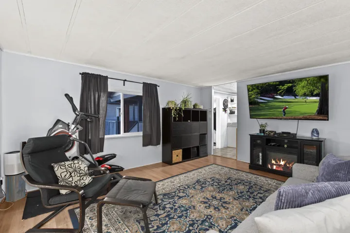 Living room featuring wood finished floors and a glass covered fireplace