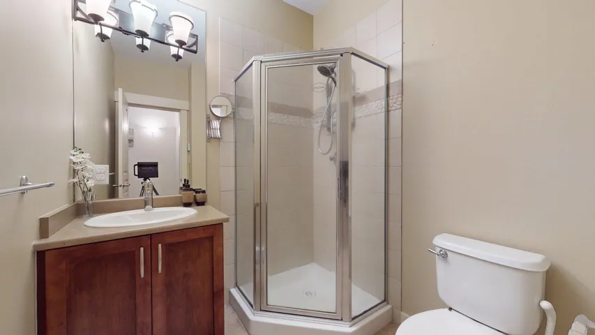 Full bath with vanity and a shower stall