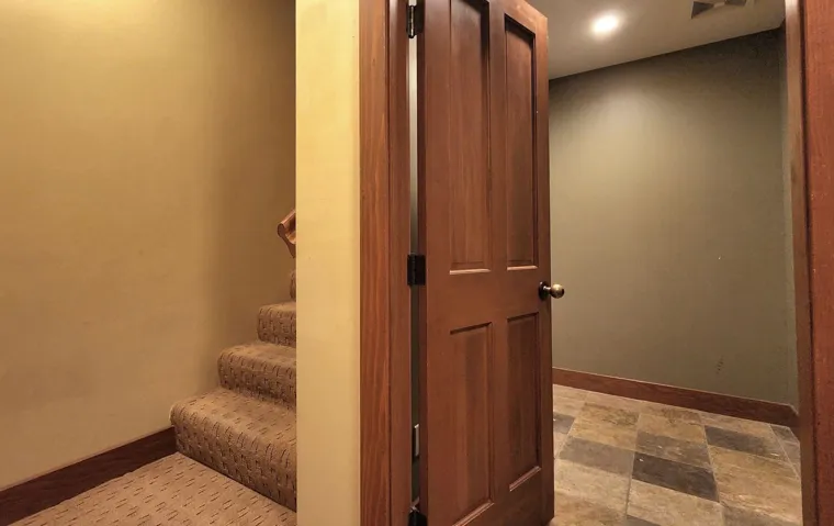 Stairway with recessed lighting and stone finish flooring