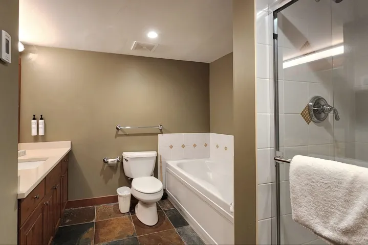 Full bath with a garden tub, vanity, a shower stall, and stone tile floors