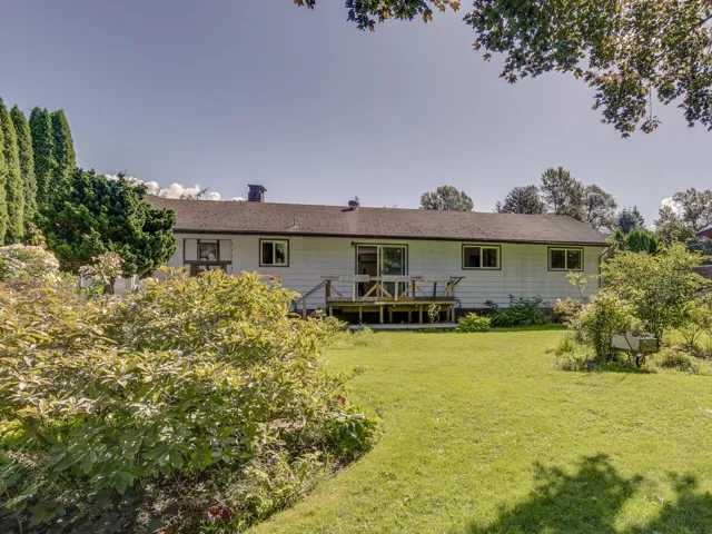 Back of house featuring a lawn, a deck, and a chimney
