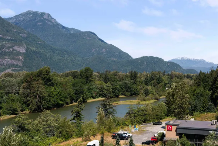 View of mountain background with a heavily wooded area and a large body of water