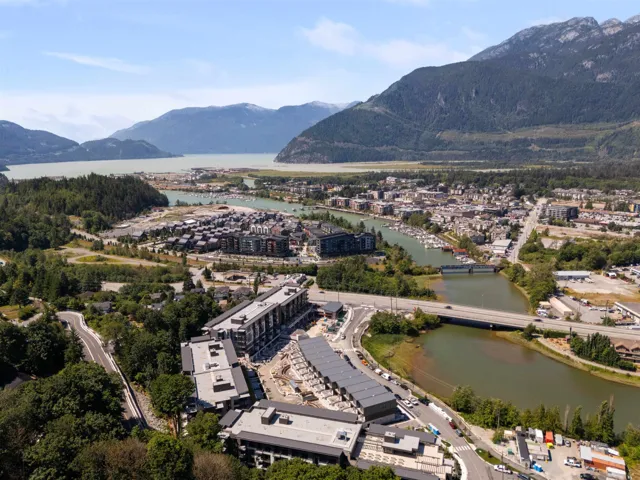 Aerial view of a water and mountain view and a notable bridge