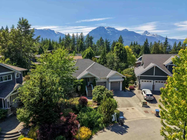Mountain backdrop with established residential properties featuring mature trees and landscaped grounds