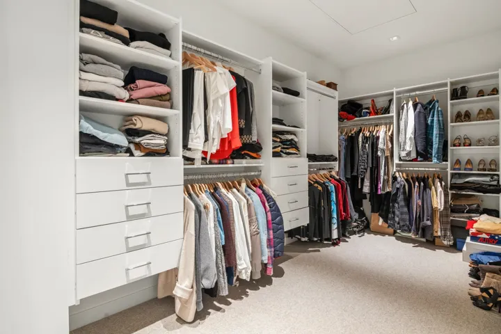 Walk in closet featuring carpet flooring and attic access