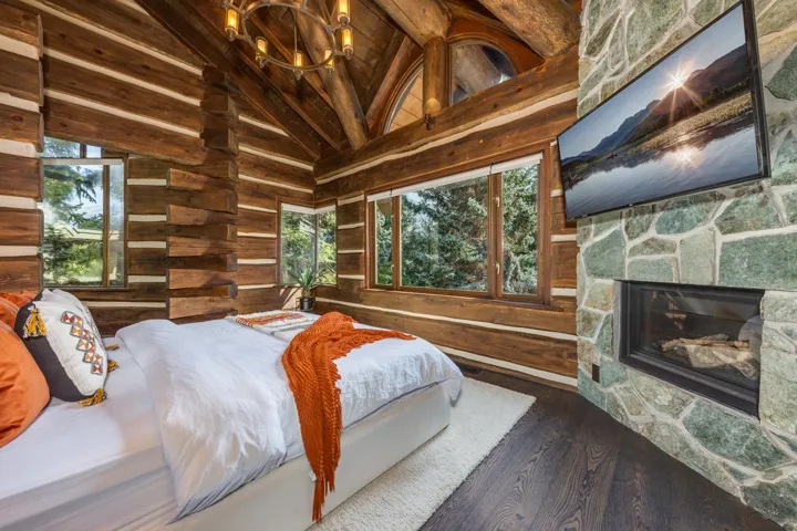 Bedroom featuring wood finished floors, a fireplace, and wood ceiling