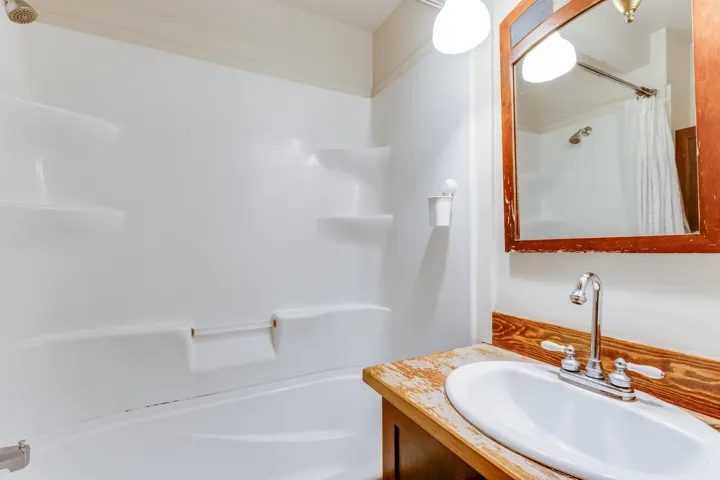 Full bathroom featuring vanity and curtained shower