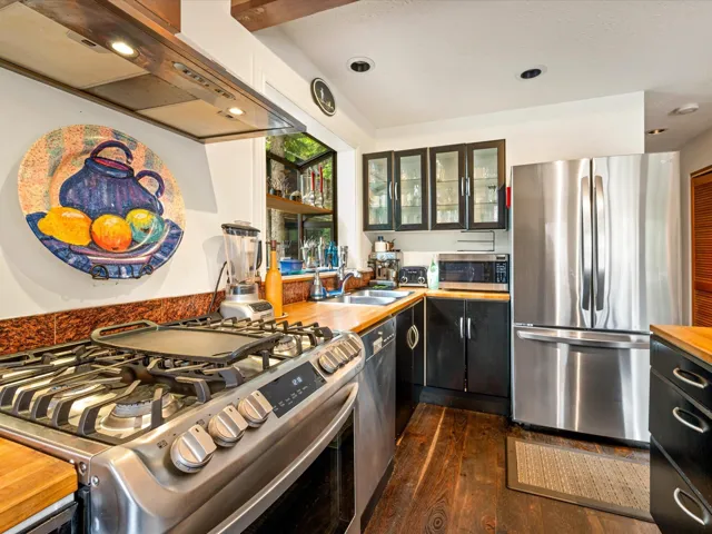 Kitchen featuring appliances with stainless steel finishes, ventilation hood, dark cabinetry, dark wood-style floors, and wood counters